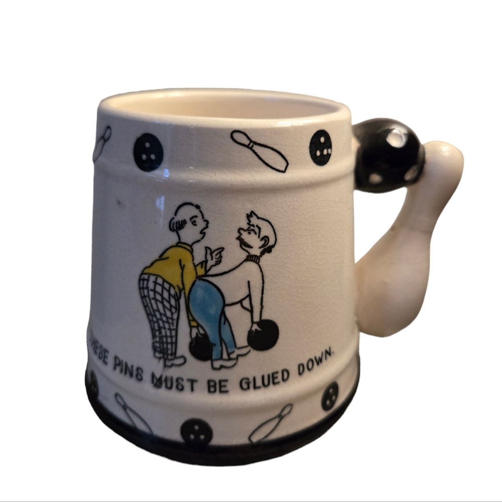 Vintage funny bowling coffee mug "These pins must be glued down"